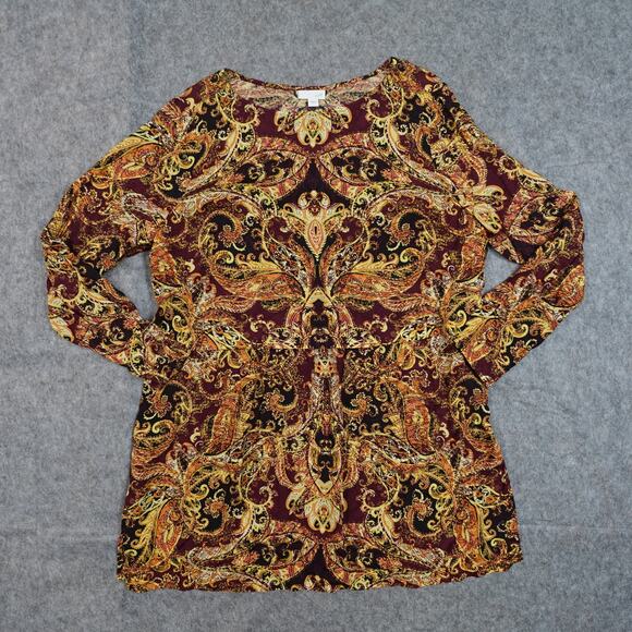 J. Jill Tops - J. Jill Top Womens‎ Large Tunic Paisley Long Sleeve Crew Neck Gold Maroon Blouse